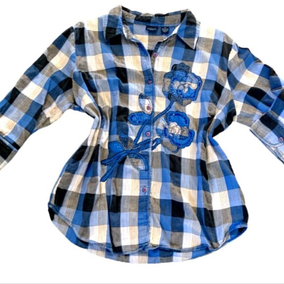Westbound Blue Buffalo Plaid Button Front Embroidered Flowers Sequins Sz 1X #88i - Picture 2 of 8